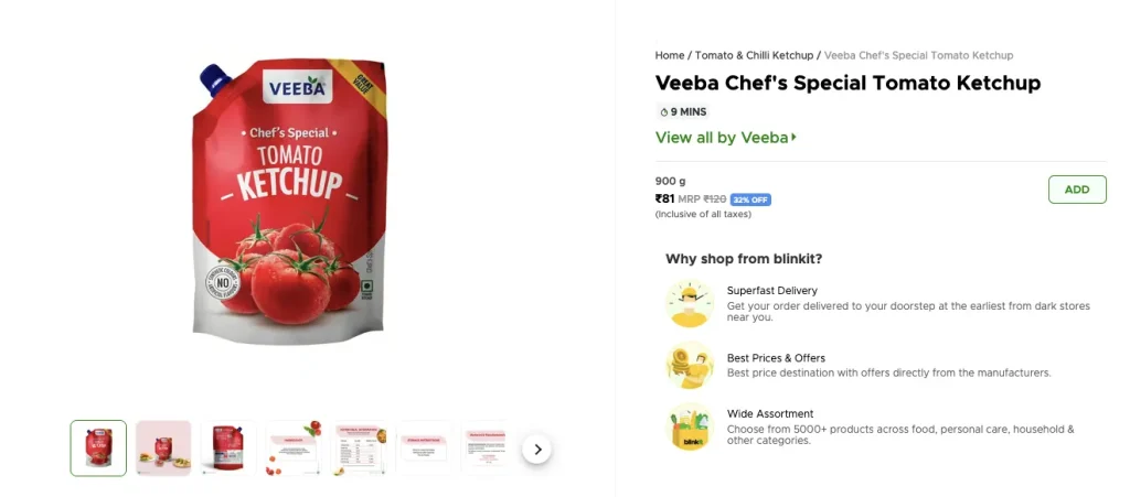 A product Listing on Blinkit: The product images clearly display the front and back of the packaging, including the list of ingredients, nutritional information, storage instructions, and details about the manufacturer and marketer.