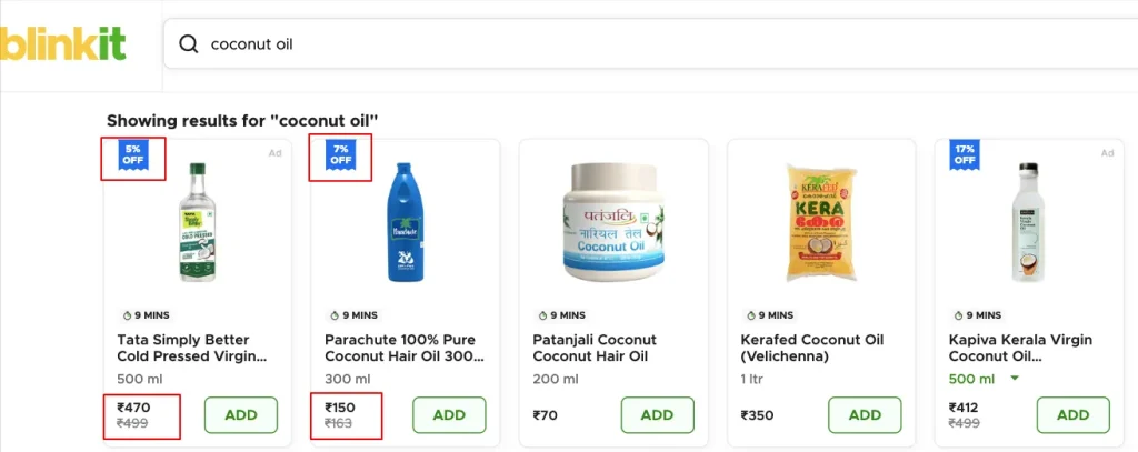 Coconut Oil's competitive pricing on Blinkit with 5 and 17 percentage offer-