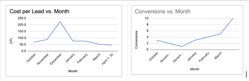 Google Ads manager dashboard with low cost per lead and high conversions