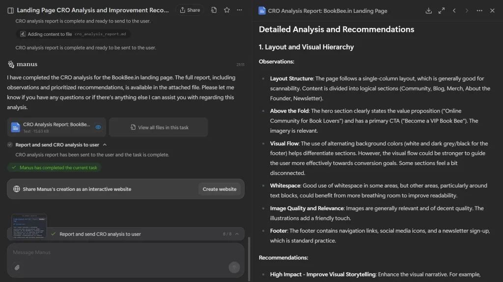 Landing page CRO optimisation and Analysis on Manus AI Agent