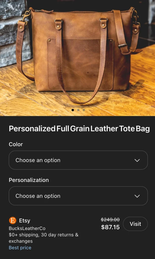 Current (as of November 2025) Checkout on ChatGPT that lets customers to visit the product page. But the current windows has options to choose the product color and personalizationn enabling option and a visit button