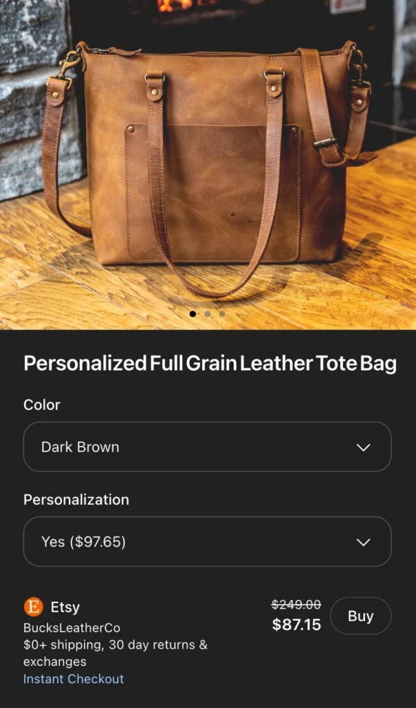 Instant Checkout option on ChatGPT for pusrchasing Personalized Full Grain Leather Tote Bag from ETSY