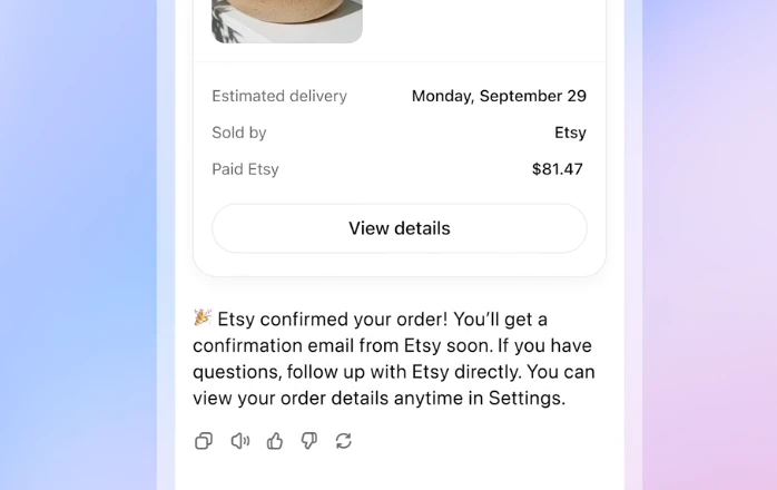 Order Confirmation of the Personalized Full Grain Leather Tote Bag on ChatGPT instant Checkout