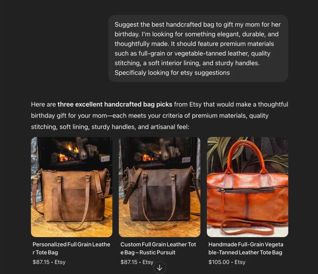 Prompt to find the best handcrafted bag product as a birthday gift