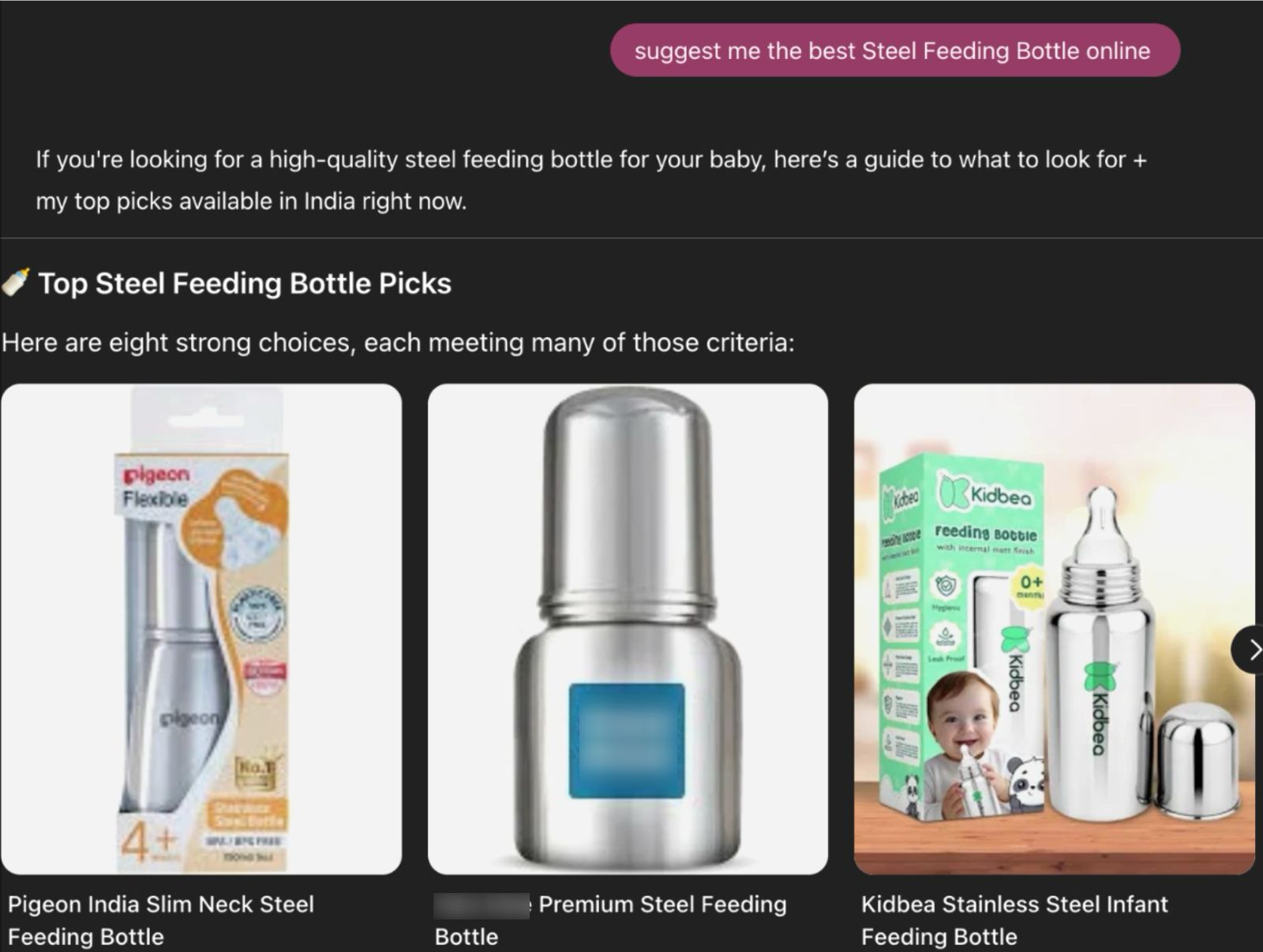 Ranked Mother and Baby Care Brand for feeding bottle related Prompt on ChatGPT