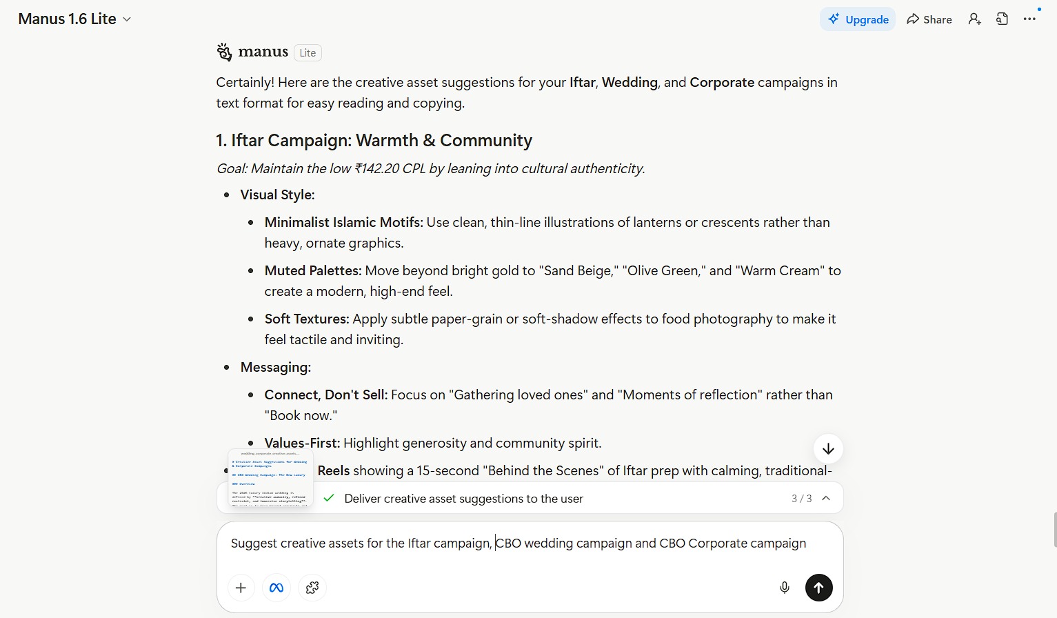 Suggest New Ad Copy and Visuals on Manus AI by analysing Meta Ads Campaigns