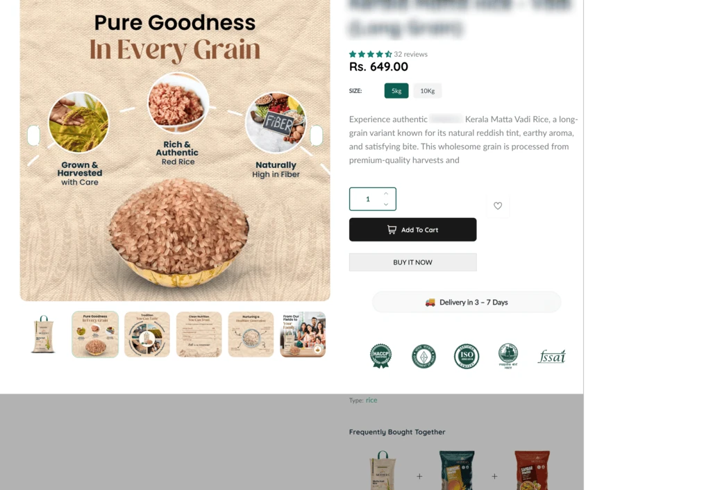 Product Page Optimization for Food D2C Brand with Product differentiation, Key benefits & USP, Brand trust signals 
