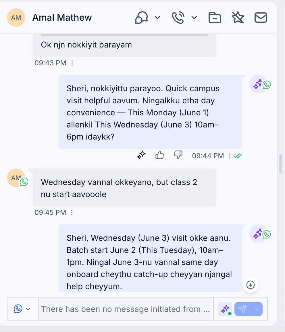 AI agent WhatsApp conversation showing instant response by Blufunnel