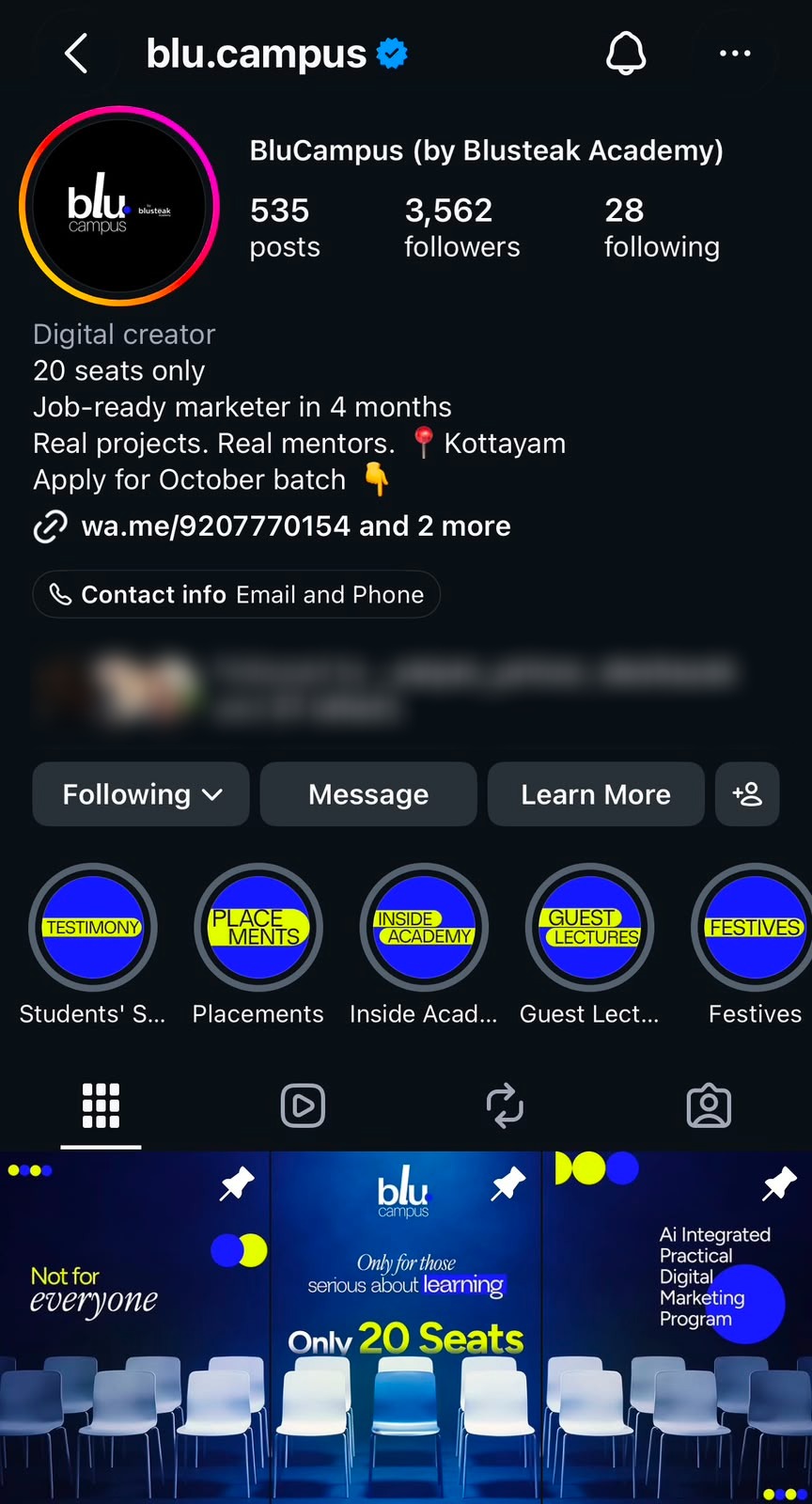 Blucampus Instagram page with pinned post