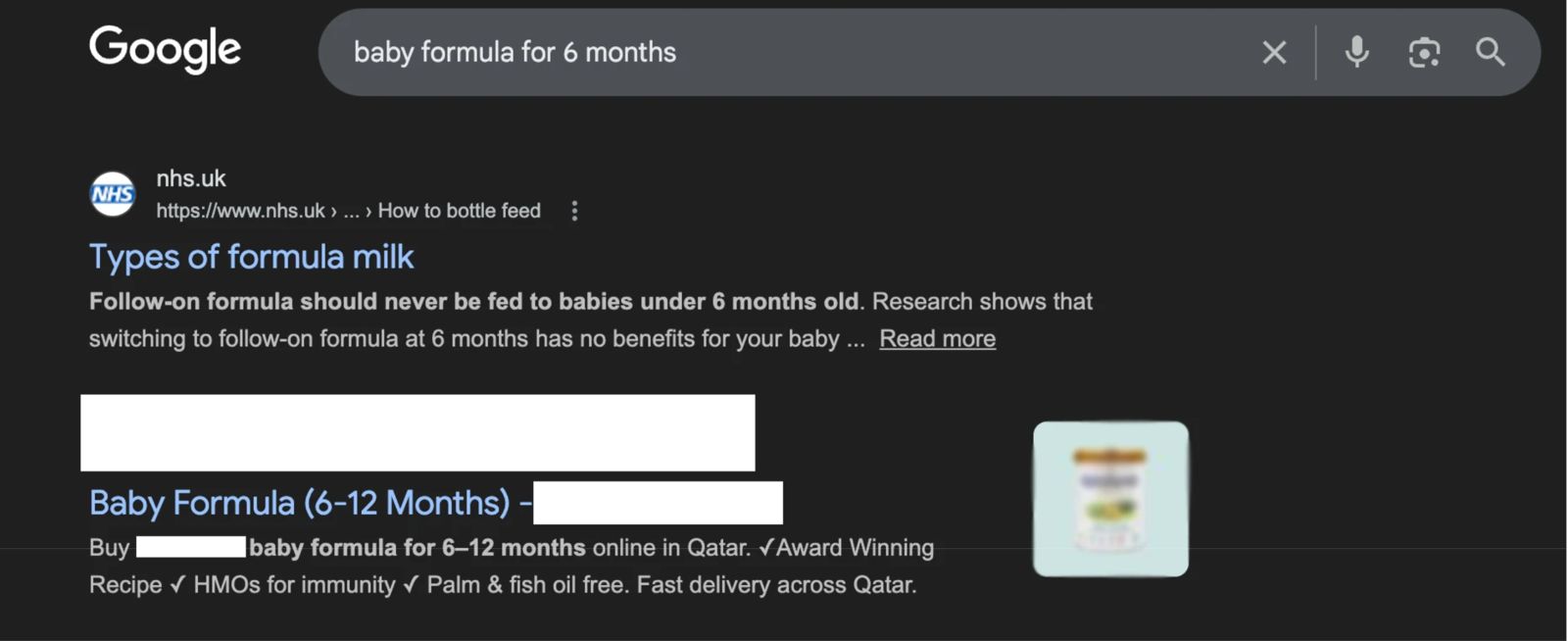 Organic Visibility of the infant nutrition brand after Blusteak's SEO implementations outranking major marketplace in Qatar like Noon, Qatar Moms etc