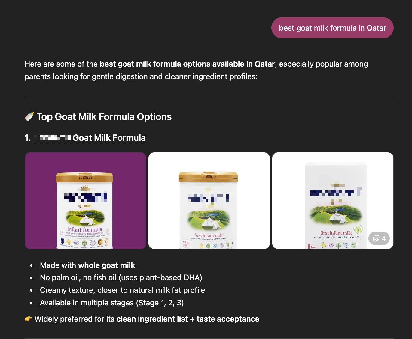 ChatGPT recommended the brand as the best baby formula in Qatar. Blusteak enusred the AI visibility of the product.