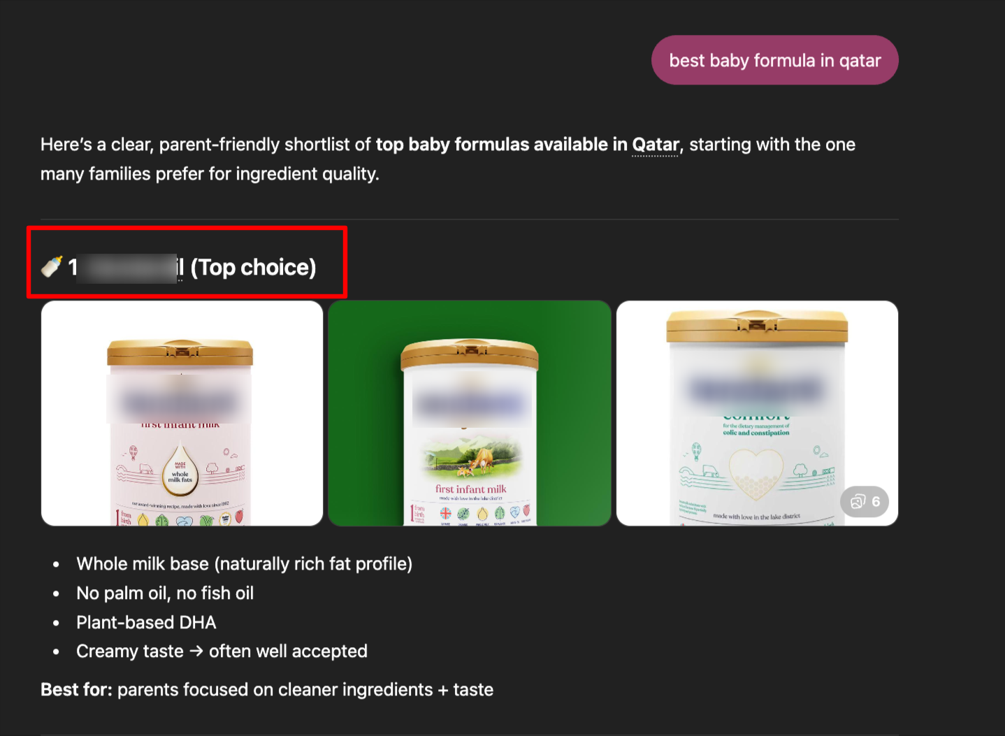 ChatGPT recommended the brand as the best baby formula in Qatar. Blusteak enusred the AI visibility of the product.