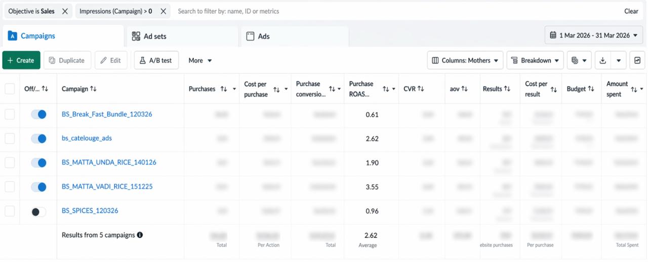 Roas from Meta dashboard of february